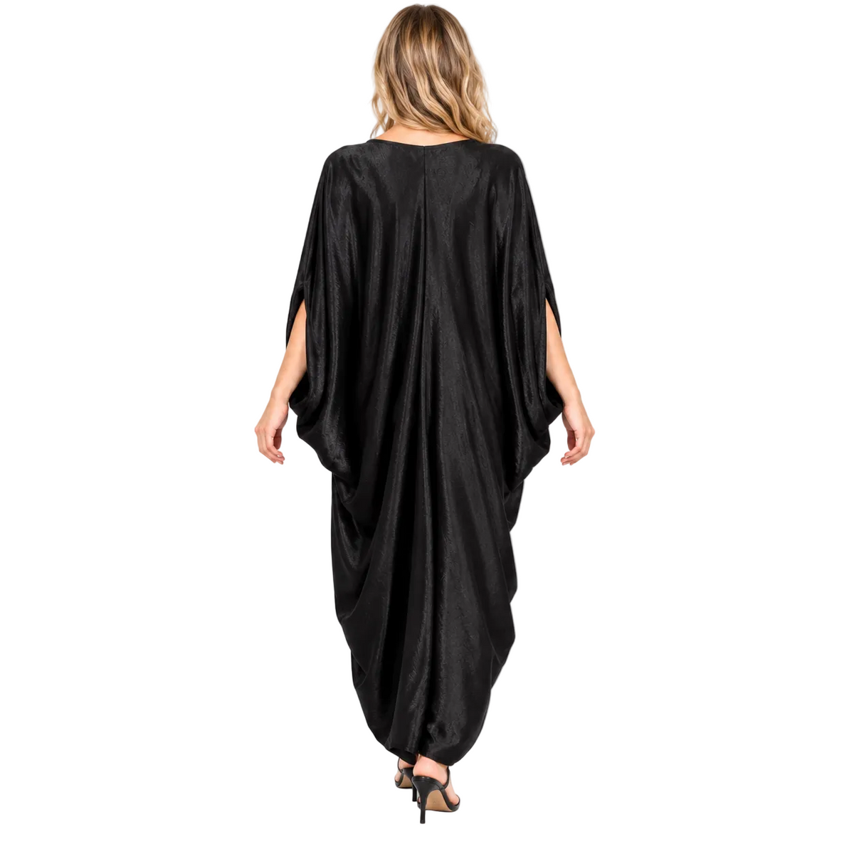 Elegant Black Draped Silk Satin Kaftan-4
