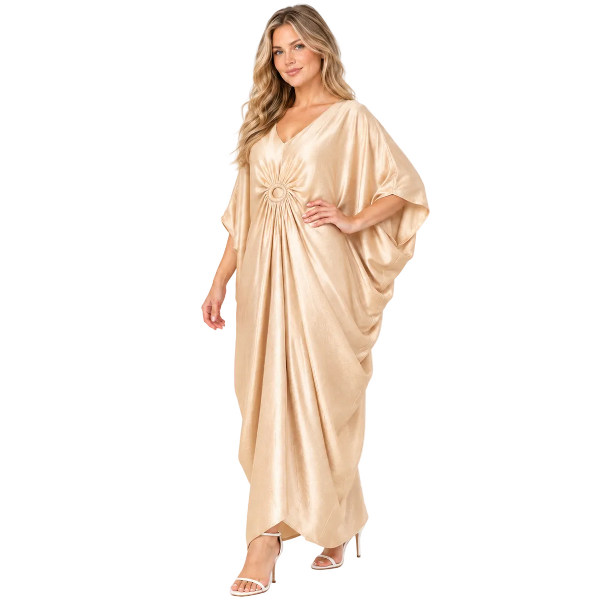 Champagne Gold Draped Silk Satin Kaftan