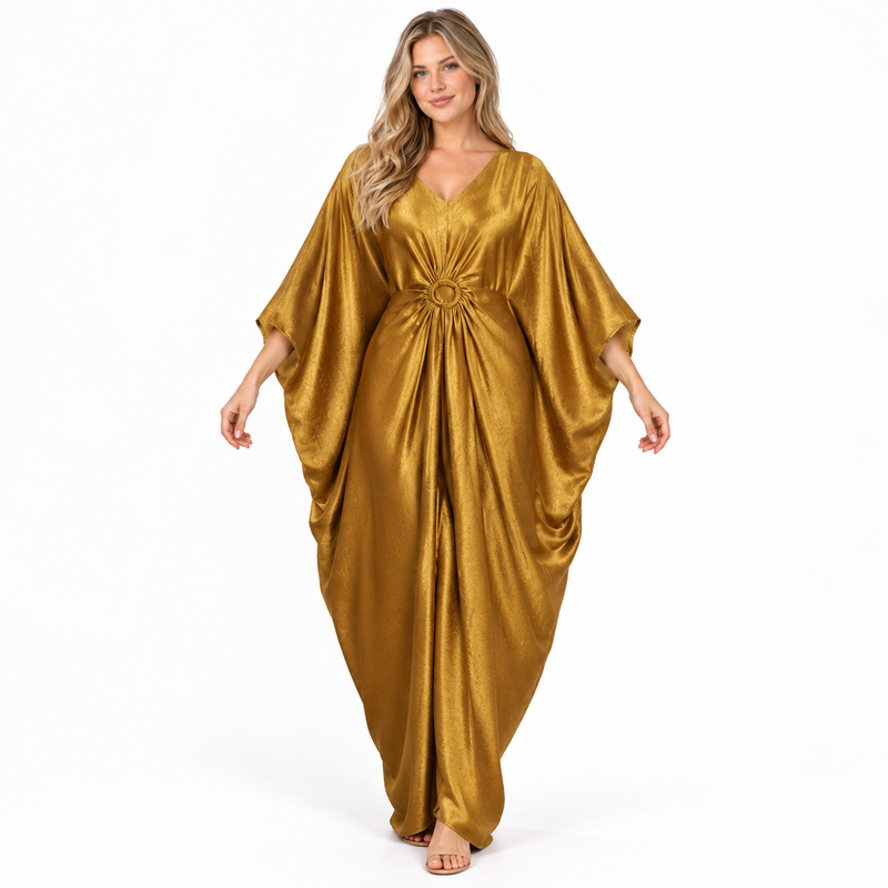 Mustard Gold Draped Silk Satin Kaftan-1
