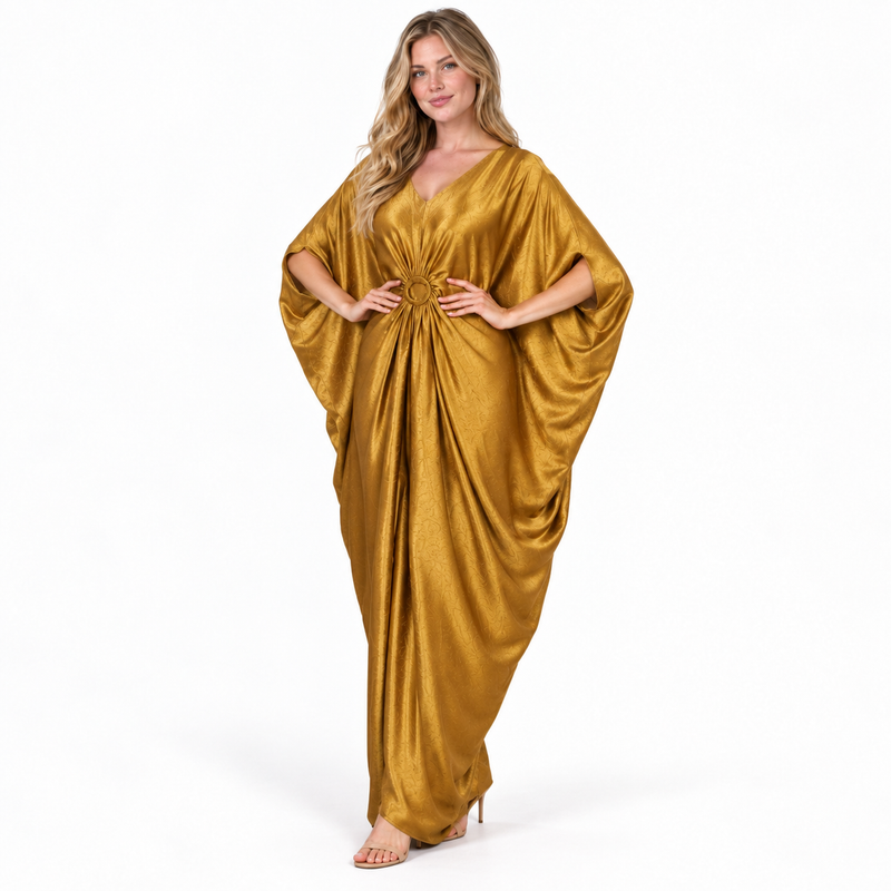 Mustard Gold Draped Silk Satin Kaftan-3