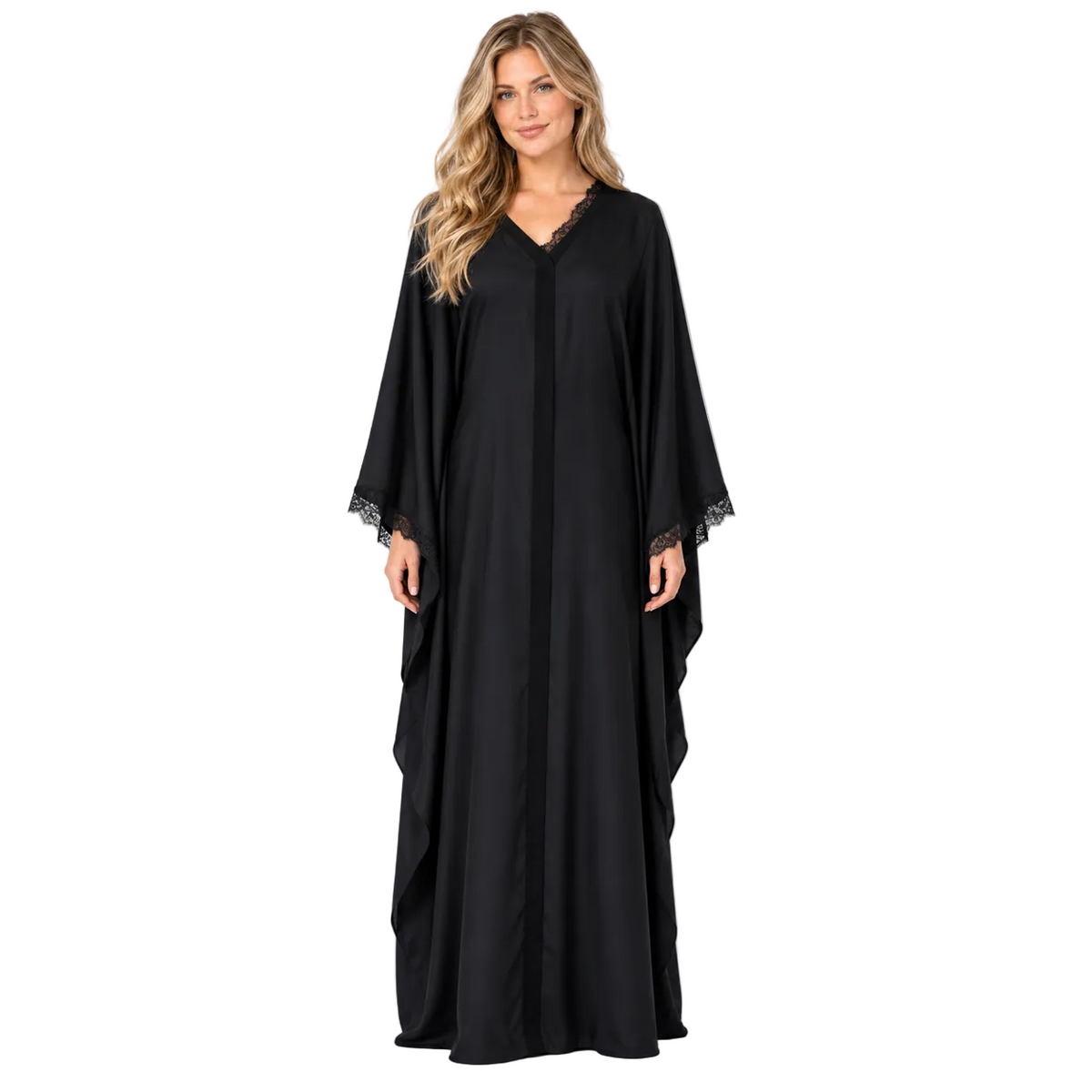 Black Lace Trim Silk Satin Kaftan-1