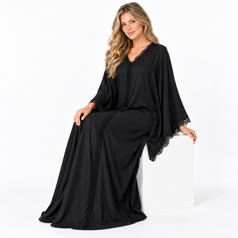 Black Lace Trim Silk Satin Kaftan-2