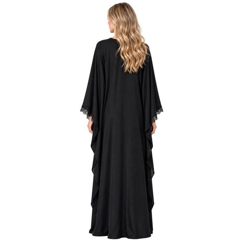 Black Lace Trim Silk Satin Kaftan-4