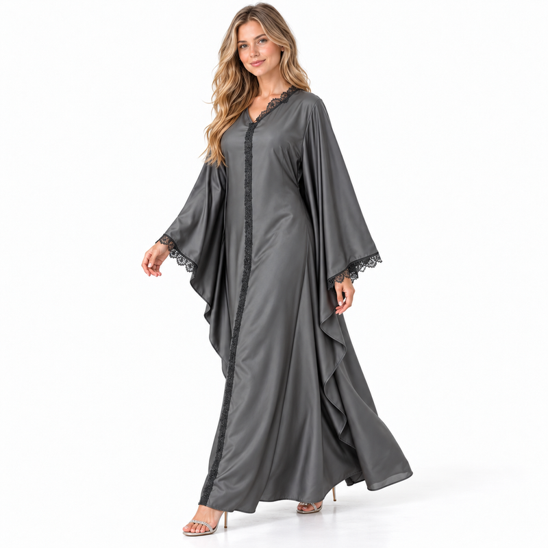 Grey Lace Trimmed Silk Satin Kaftan-2