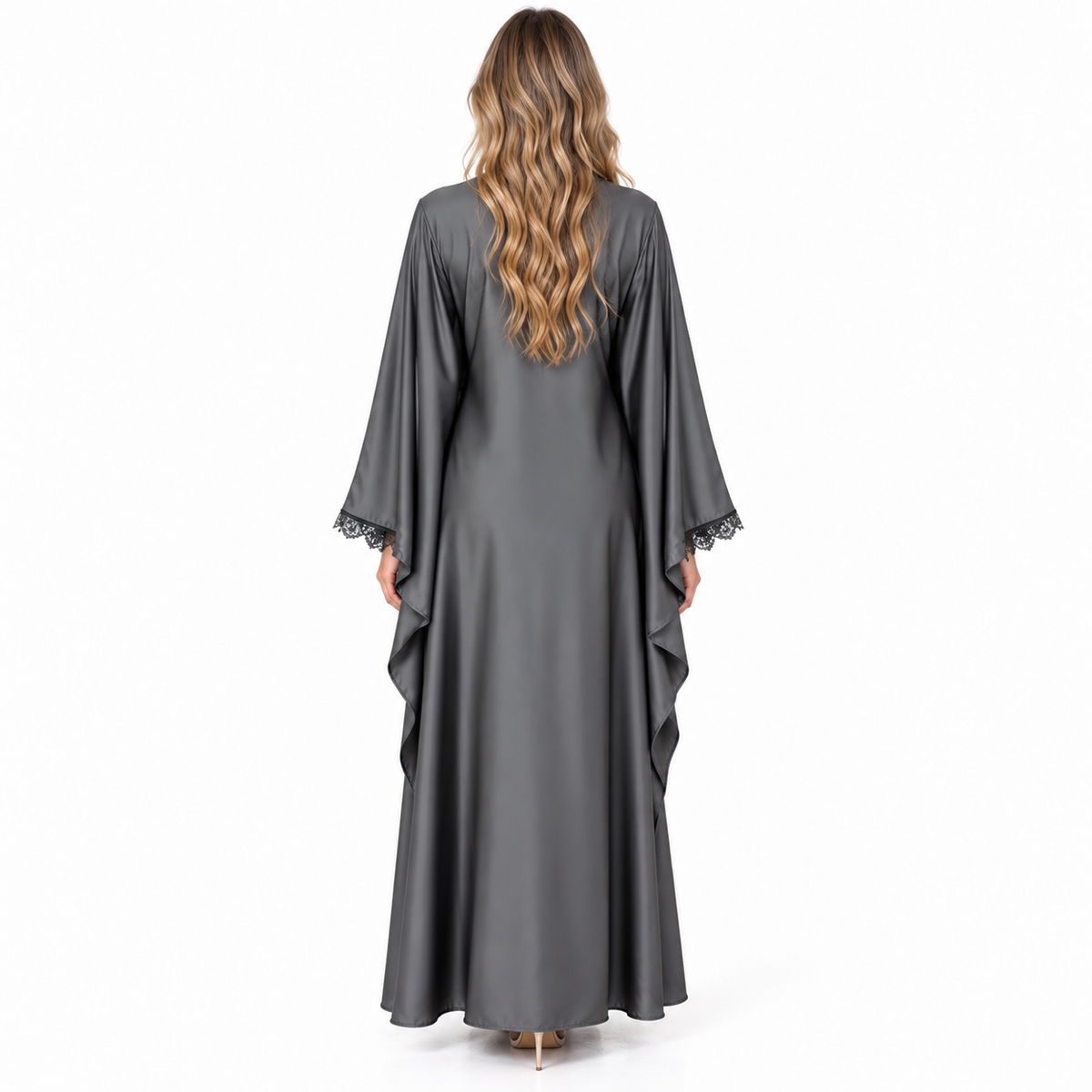Grey Lace Trimmed Silk Satin Kaftan-4