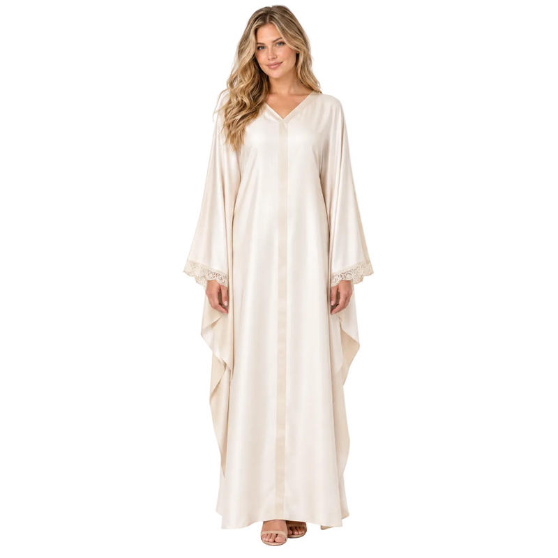 Elegant Ivory Lace Trim Silk Satin Kaftan-1