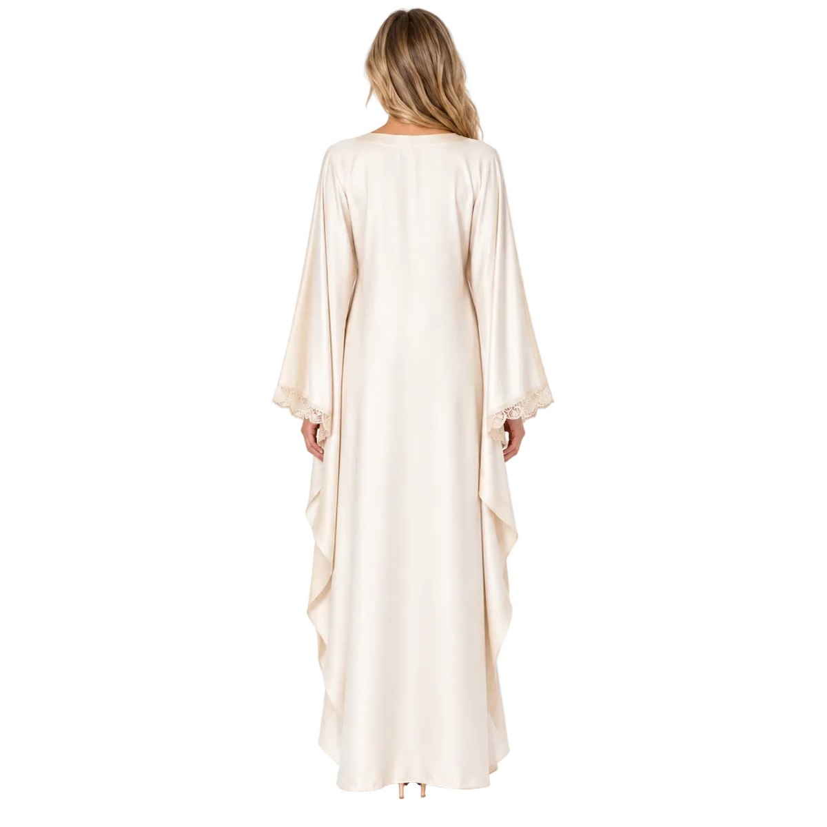 Elegant Ivory Lace Trim Silk Satin Kaftan-4