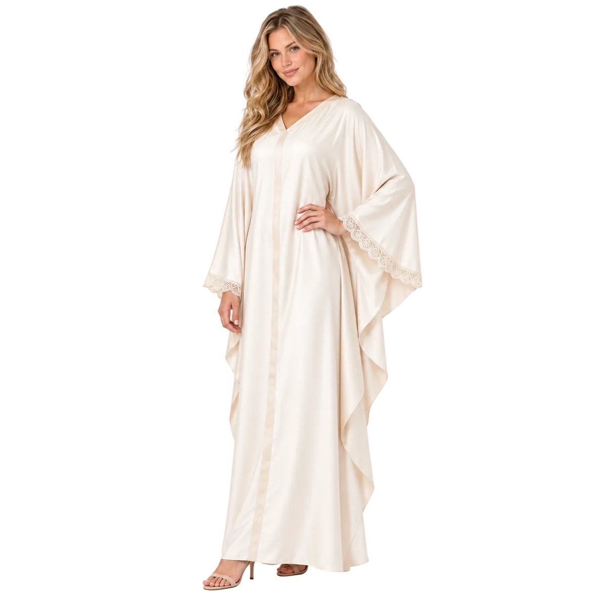 Elegant Ivory Lace Trim Silk Satin Kaftan-2