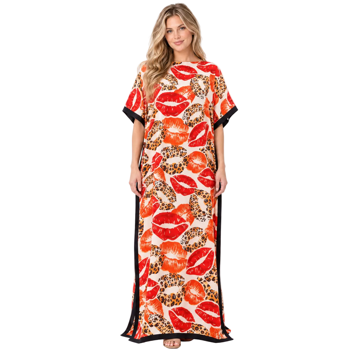 Tangerine Leopard Lip Print Silk Satin Kaftan-1