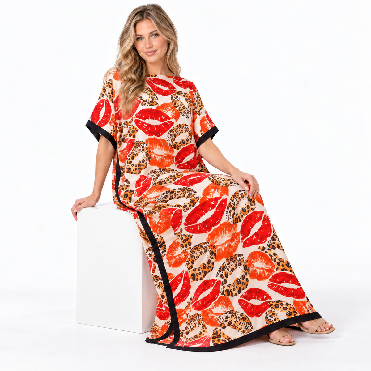 Tangerine Leopard Lip Print Silk Satin Kaftan-3