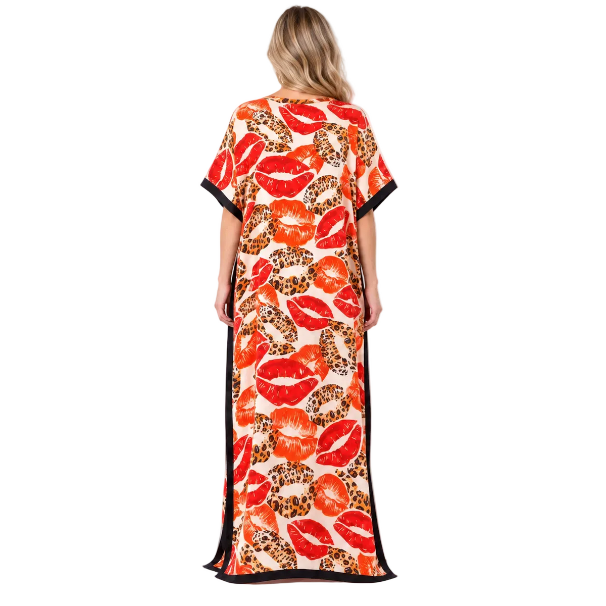 Tangerine Leopard Lip Print Silk Satin Kaftan-4