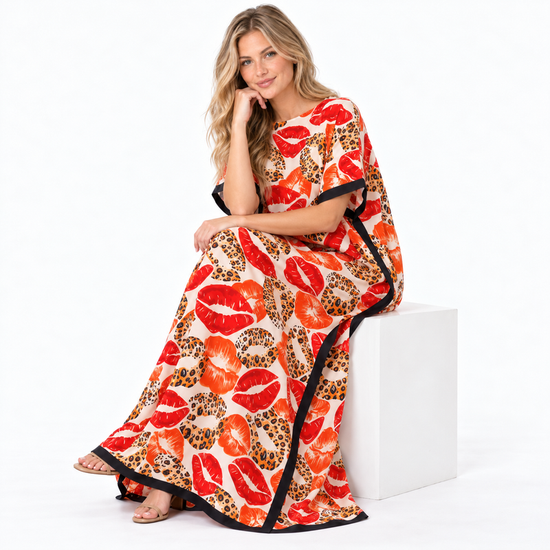 Tangerine Leopard Lip Print Silk Satin Kaftan-2
