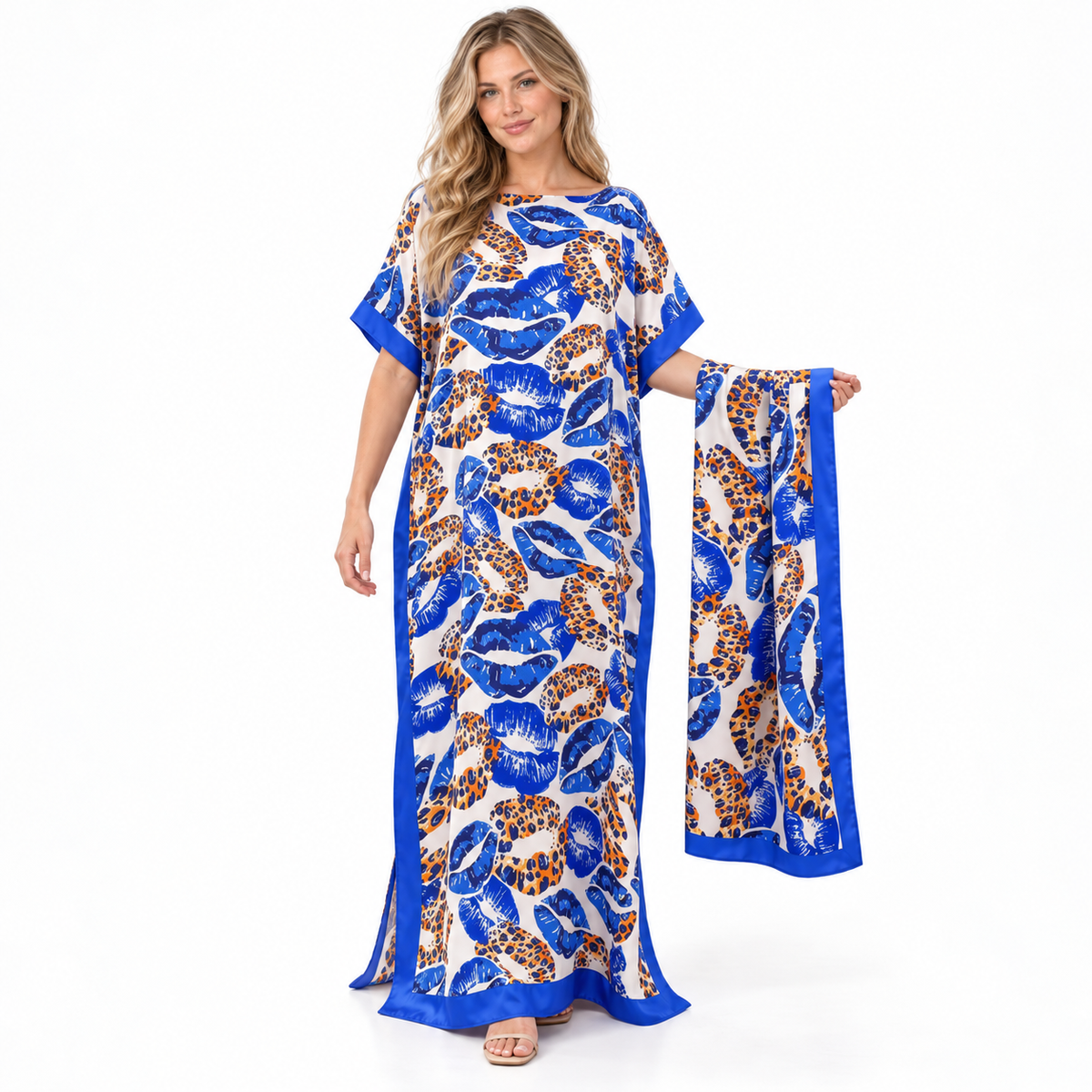 Blue Leopard Print Silk Satin Kaftan-1