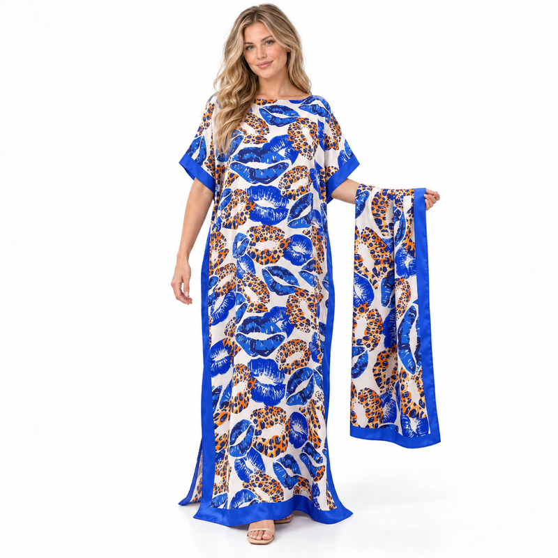 Blue Leopard Print Silk Satin Kaftan-1