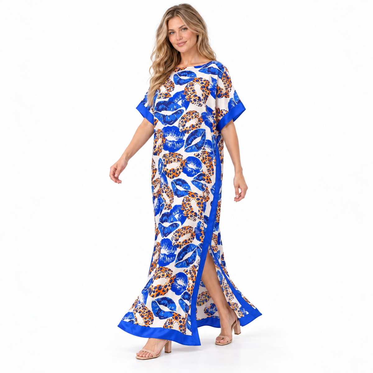 Blue Leopard Print Silk Satin Kaftan-2