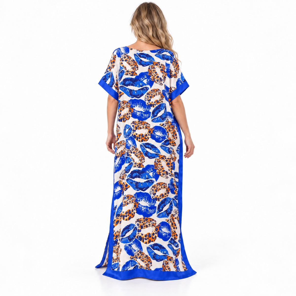 Blue Leopard Print Silk Satin Kaftan-4