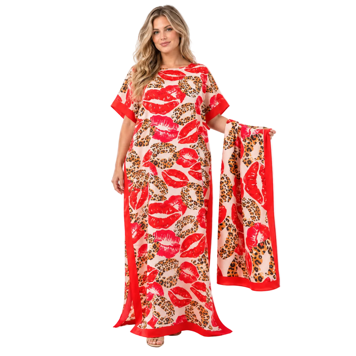 Red Lip Print Silk Satin Kaftan-1