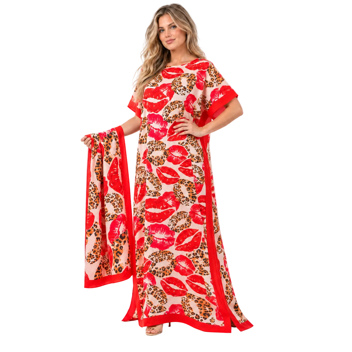 Red Lip Print Silk Satin Kaftan-2