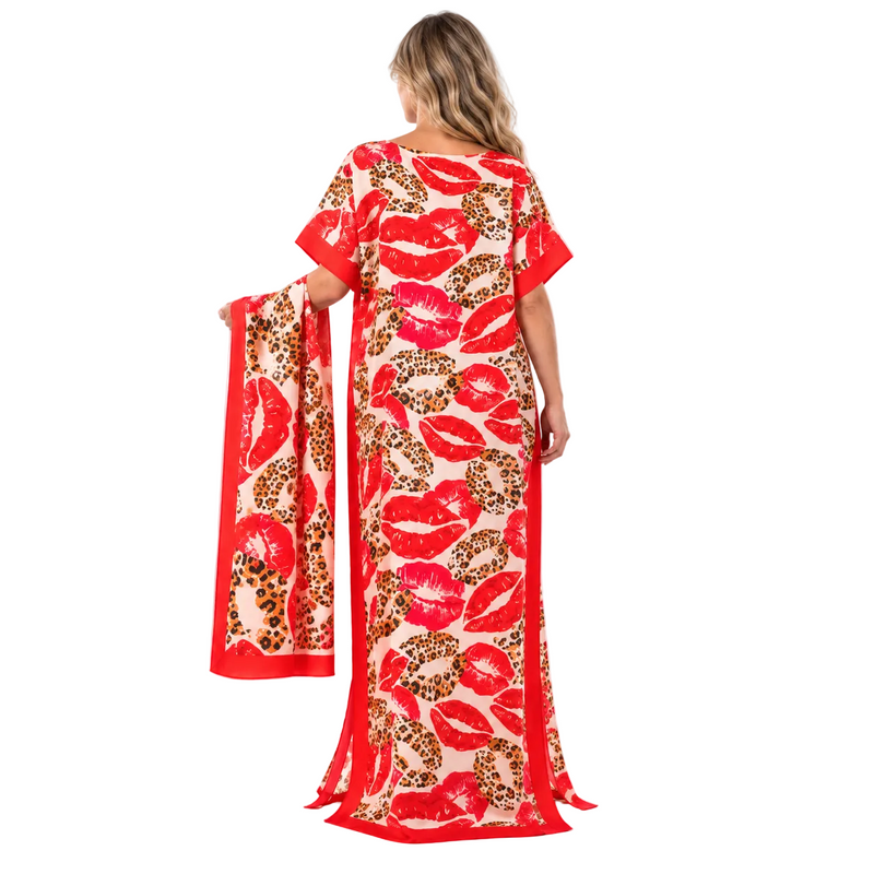 Red Lip Print Silk Satin Kaftan-4