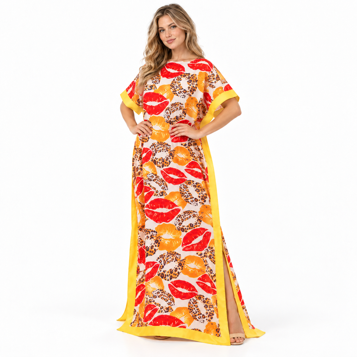 Yellow Leopard Print Silk Satin Kaftan-3