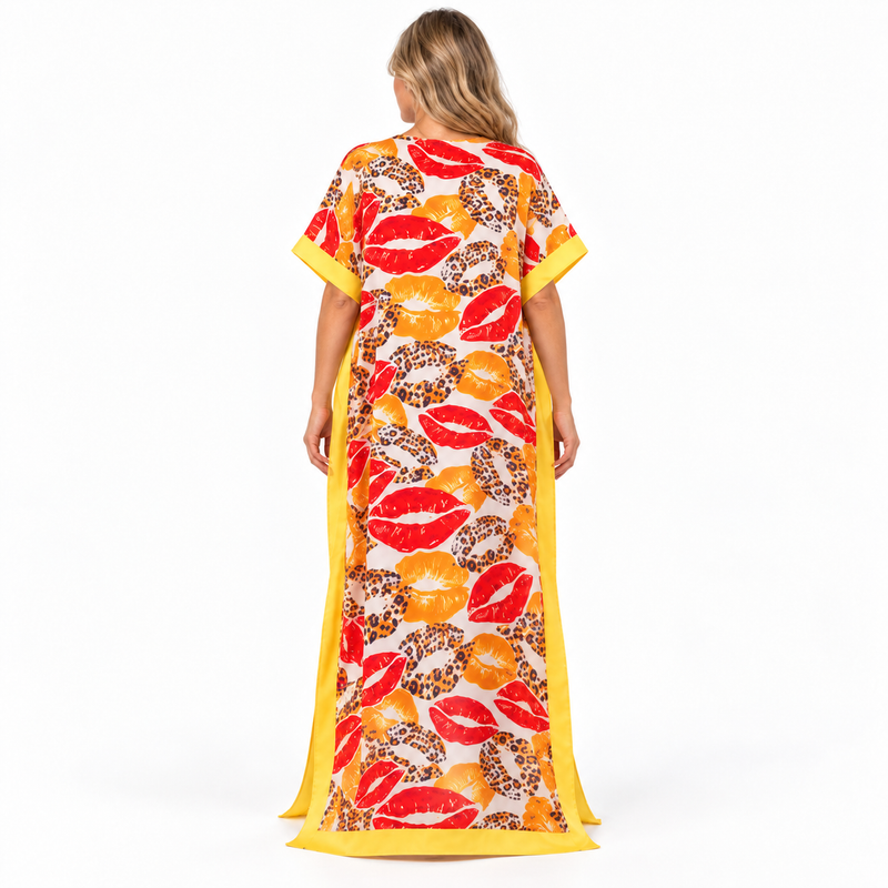 Yellow Leopard Print Silk Satin Kaftan-4