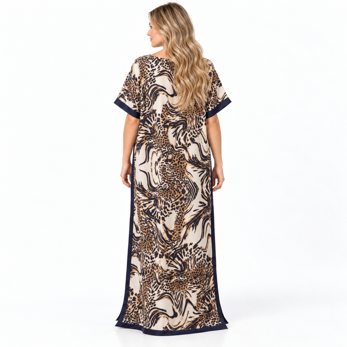 Dark Grey Leopard Print Silk Satin Kaftan-4