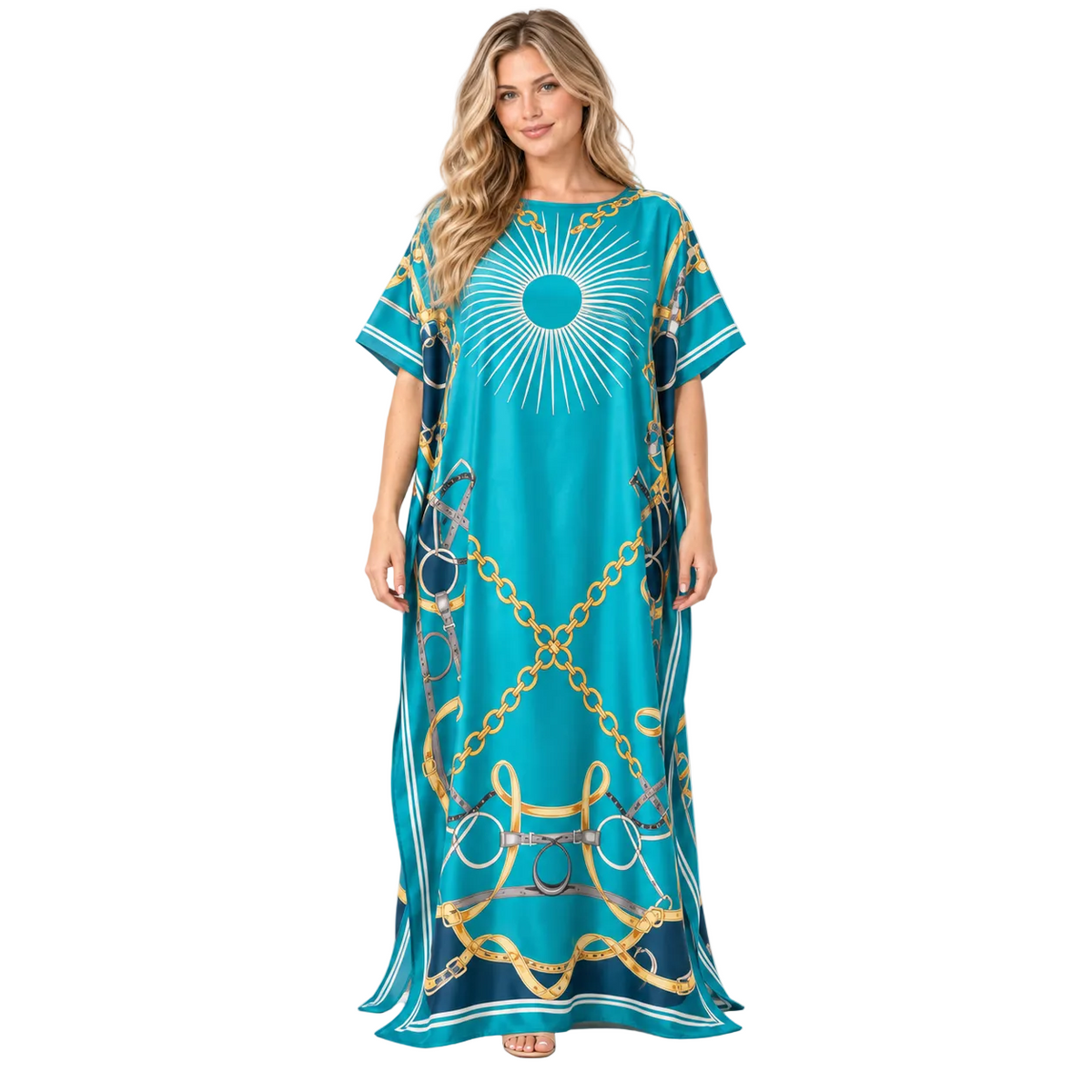 Sky Blue Gold Chain Silk Satin Kaftan-1