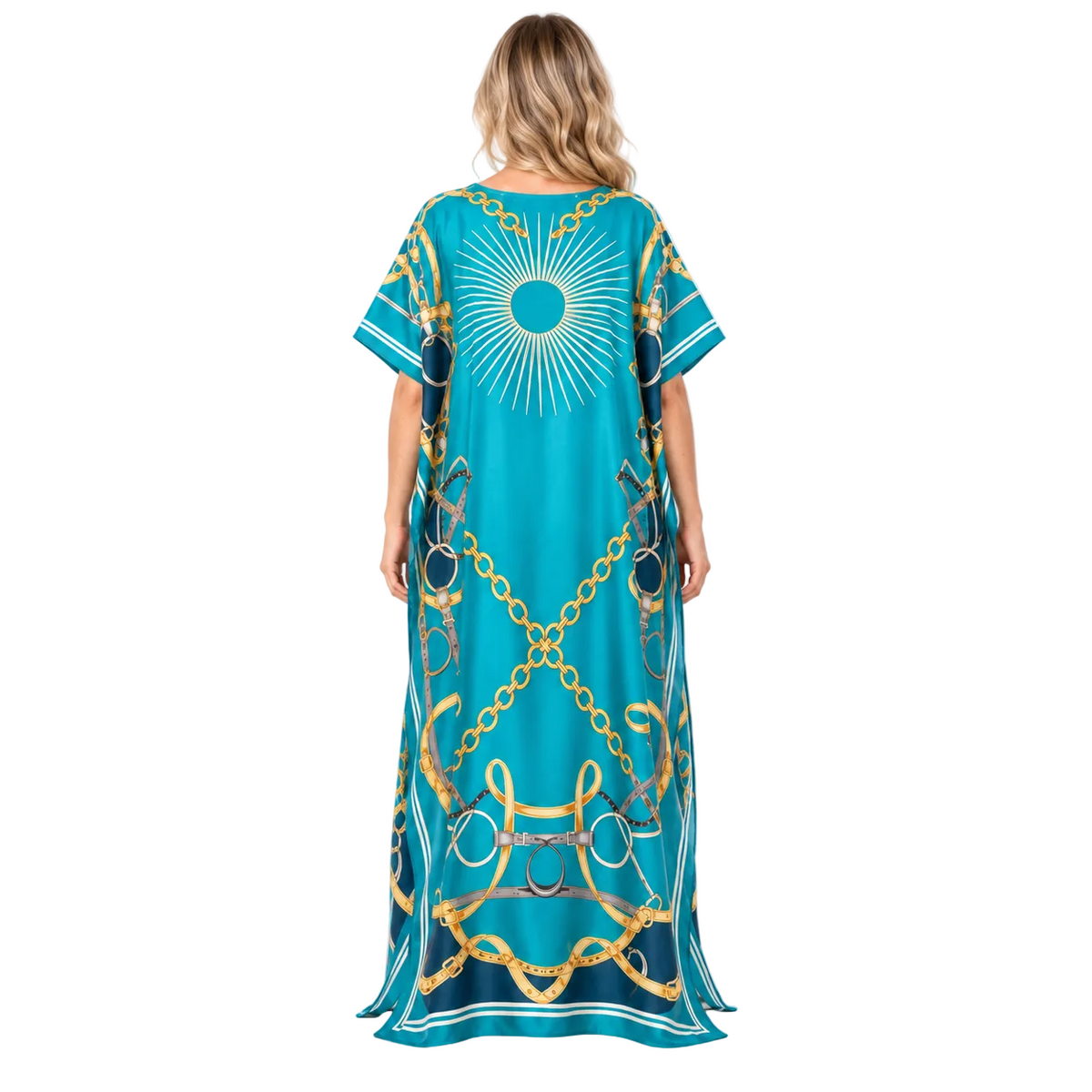Sky Blue Gold Chain Silk Satin Kaftan-4