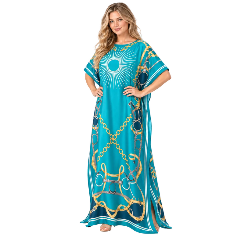 Sky Blue Gold Chain Silk Satin Kaftan-2