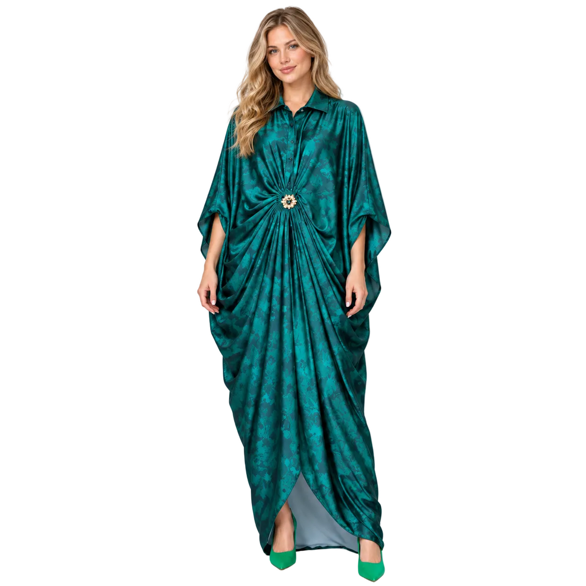 Emerald Green Draped Silk Satin Kaftan-1