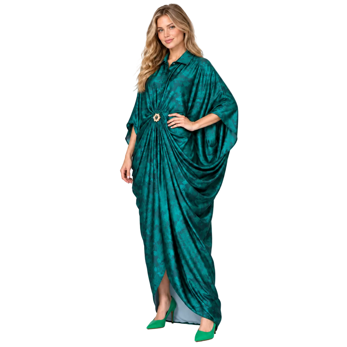 Emerald Green Draped Silk Satin Kaftan-2