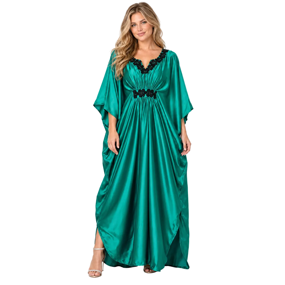 Emerald Green Embellished Silk Satin Kaftan-1