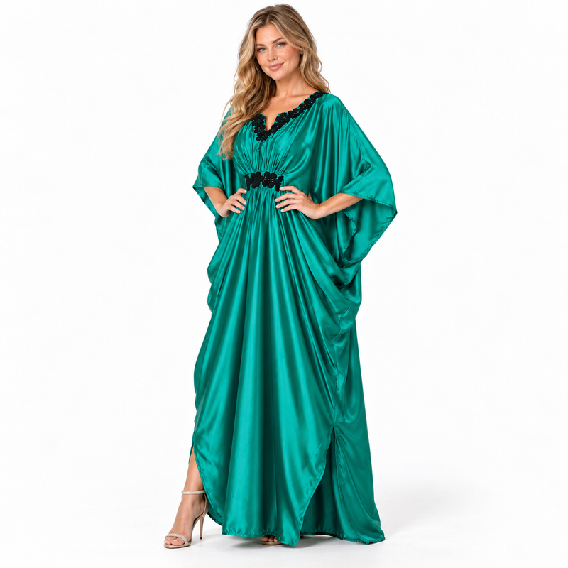 Emerald Green Embellished Silk Satin Kaftan-2