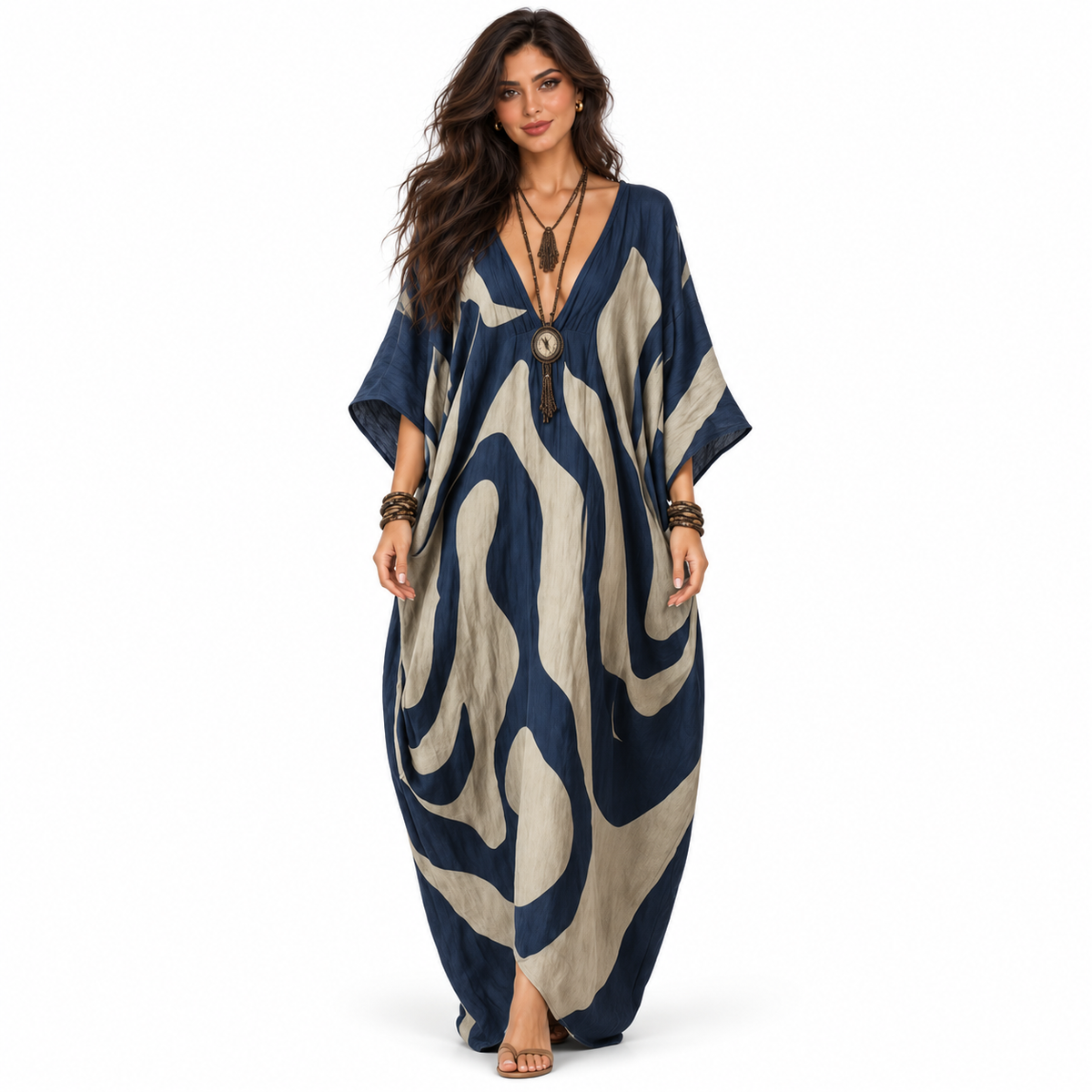 Elegant Navy Blue Abstract Linen Kaftan-1