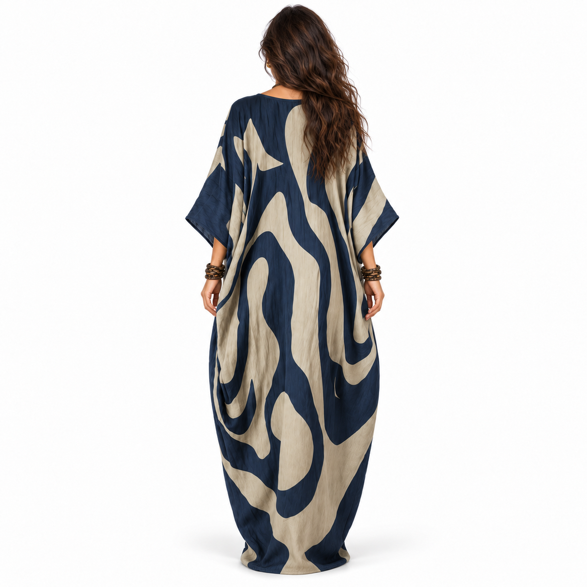 Elegant Navy Blue Abstract Linen Kaftan-4