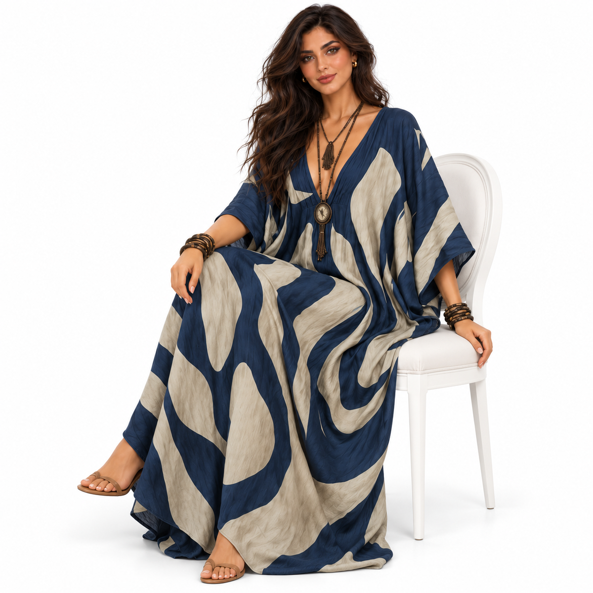 Elegant Navy Blue Abstract Linen Kaftan-2