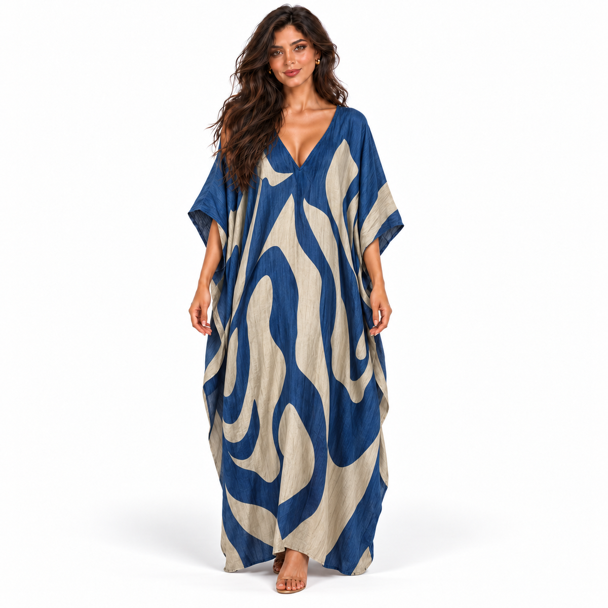 Elegant Blue Abstract Print Linen Kaftan
