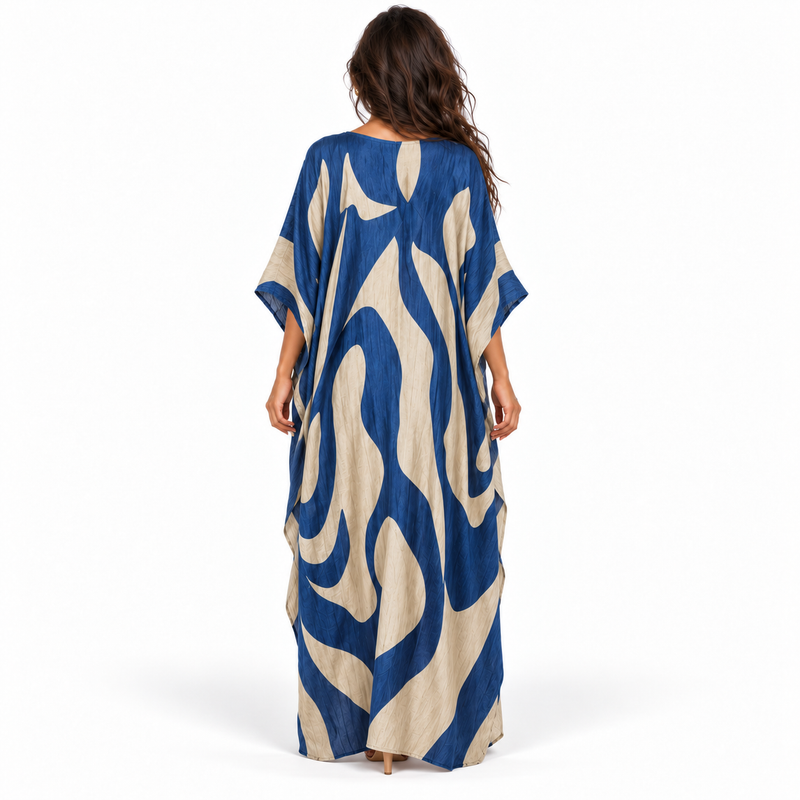 Elegant Blue Abstract Print Linen Kaftan-4