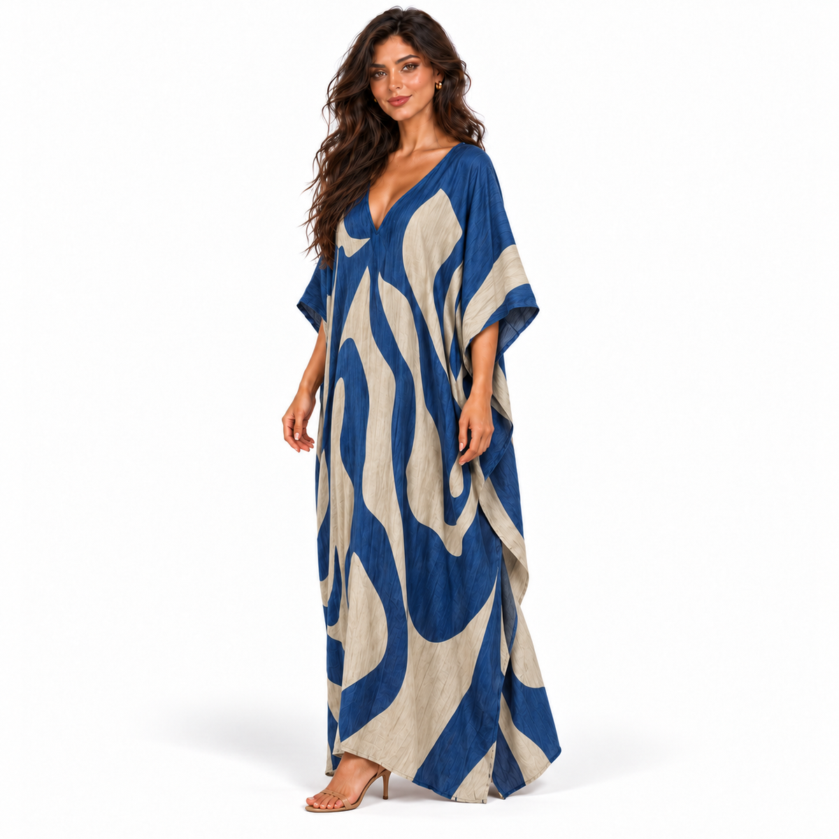 Elegant Blue Abstract Print Linen Kaftan