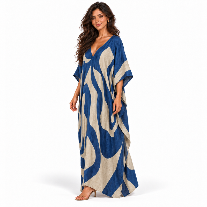 Elegant Blue Abstract Print Linen Kaftan-2