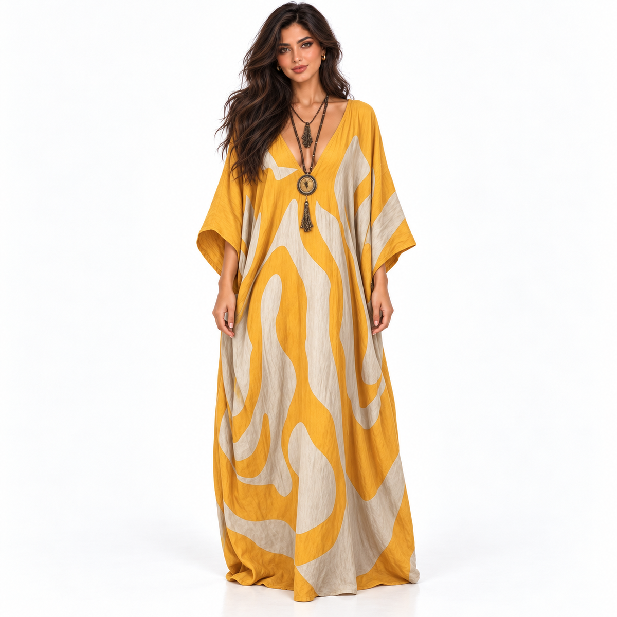 Elegant Mustard Yellow Abstract Linen Kaftan
