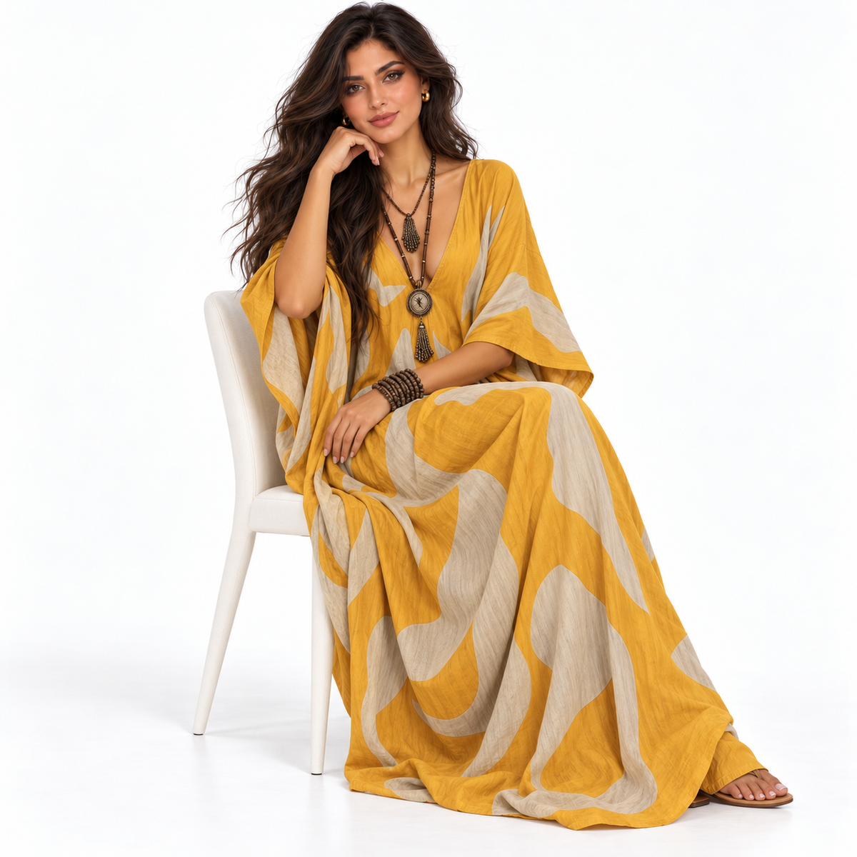 Elegant Mustard Yellow Abstract Linen Kaftan