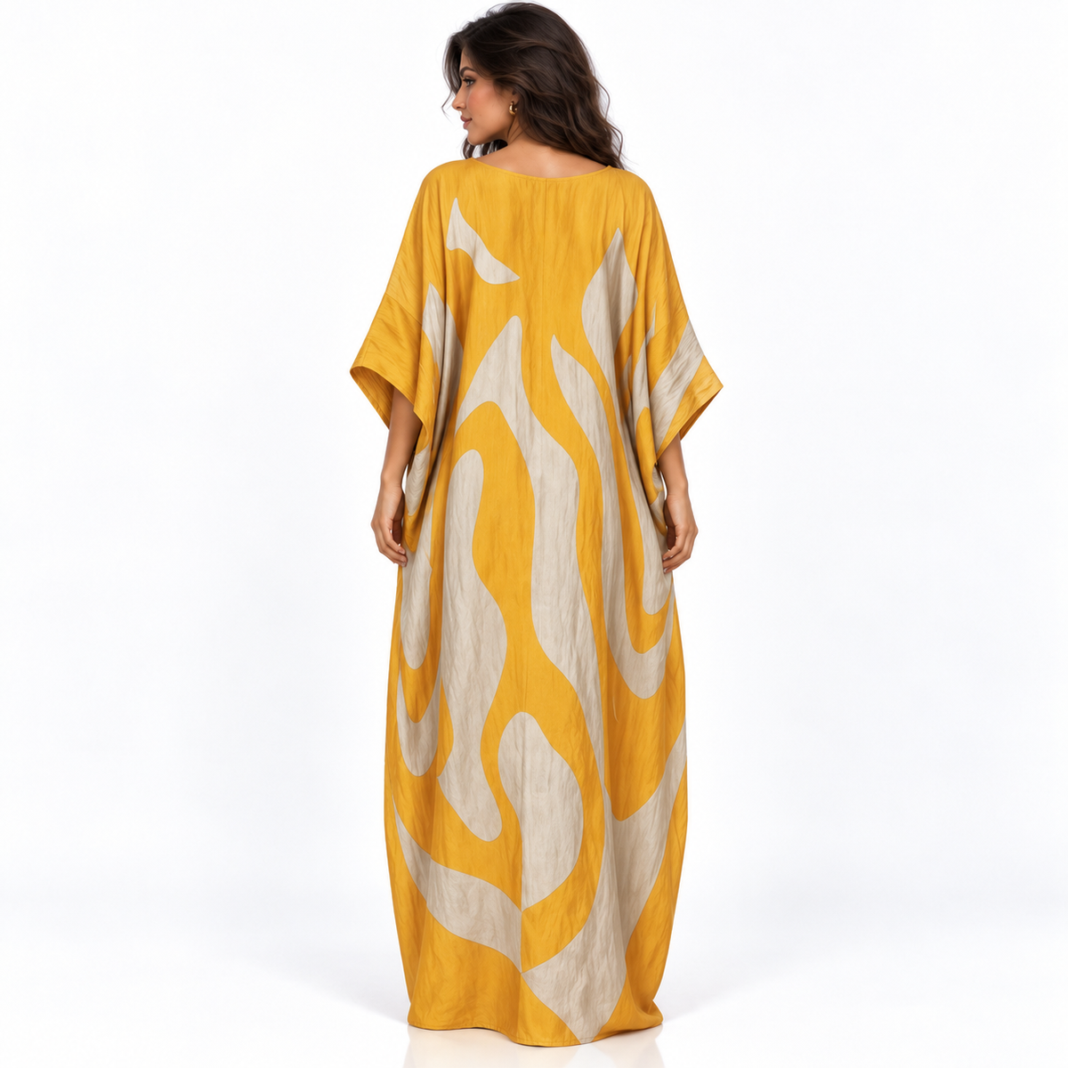Elegant Mustard Yellow Abstract Linen Kaftan-4