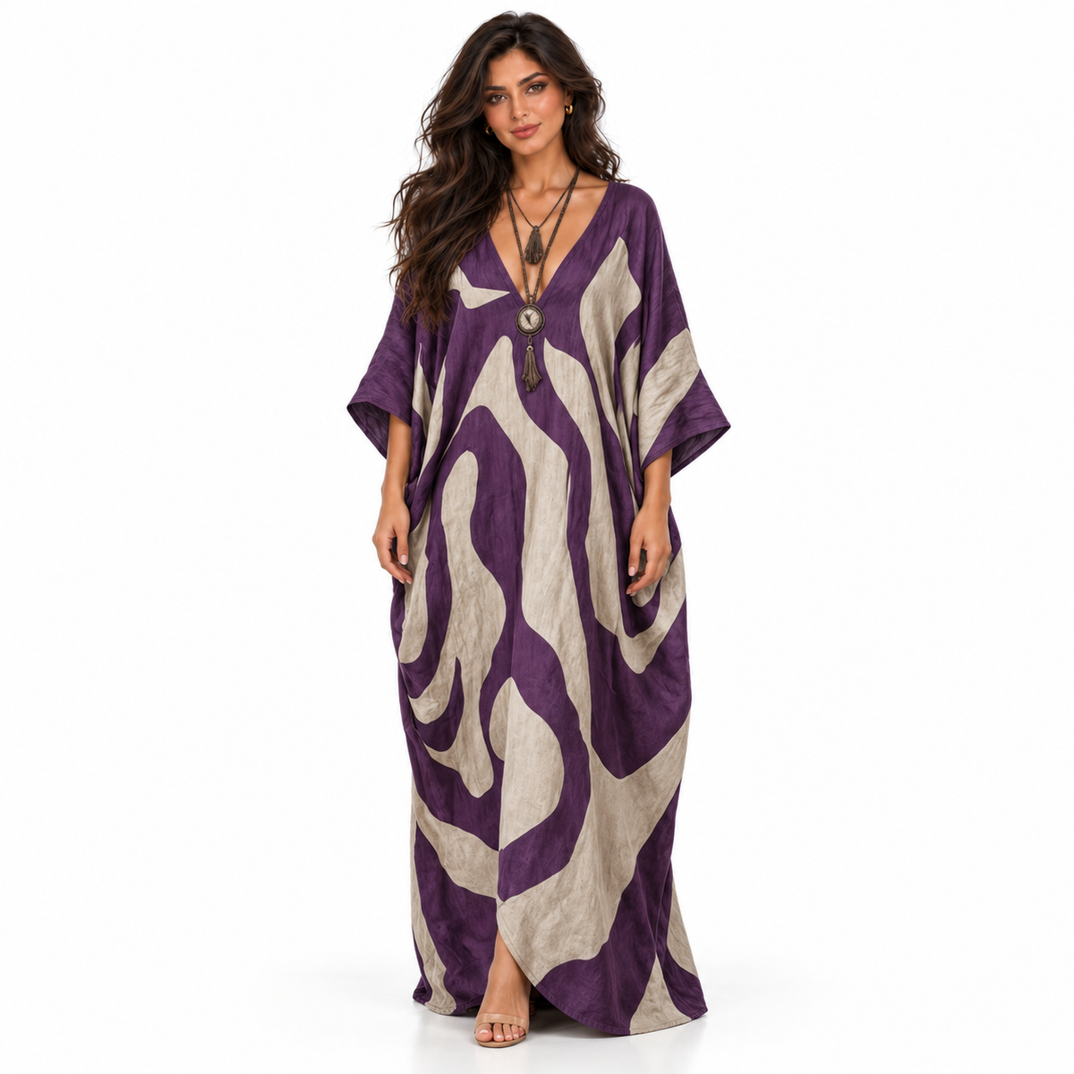 Purple Abstract Print Linen Kaftan Dress-1
