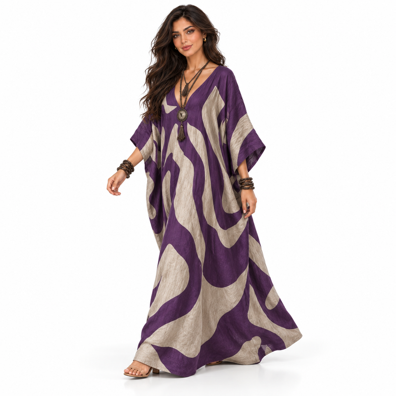 Purple Abstract Print Linen Kaftan Dress-3