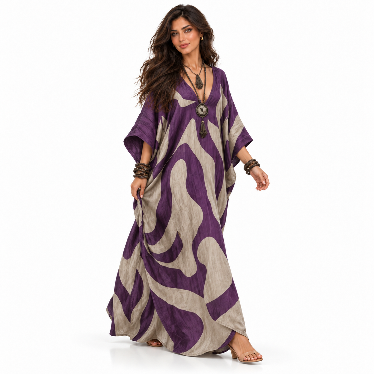 Purple Abstract Print Linen Kaftan Dress