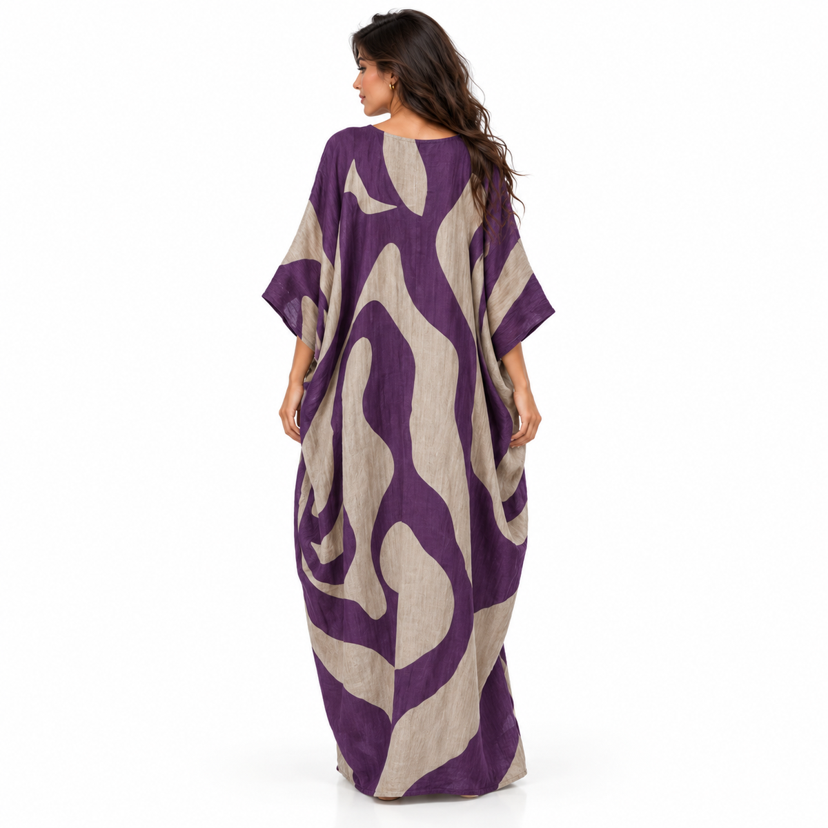 Purple Abstract Print Linen Kaftan Dress-4