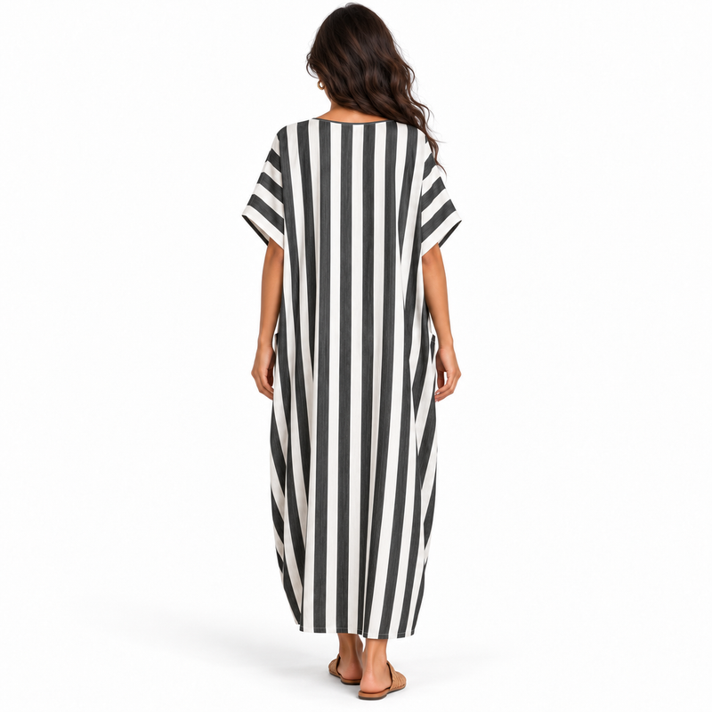 Elegant Black White Striped Linen Kaftan-4