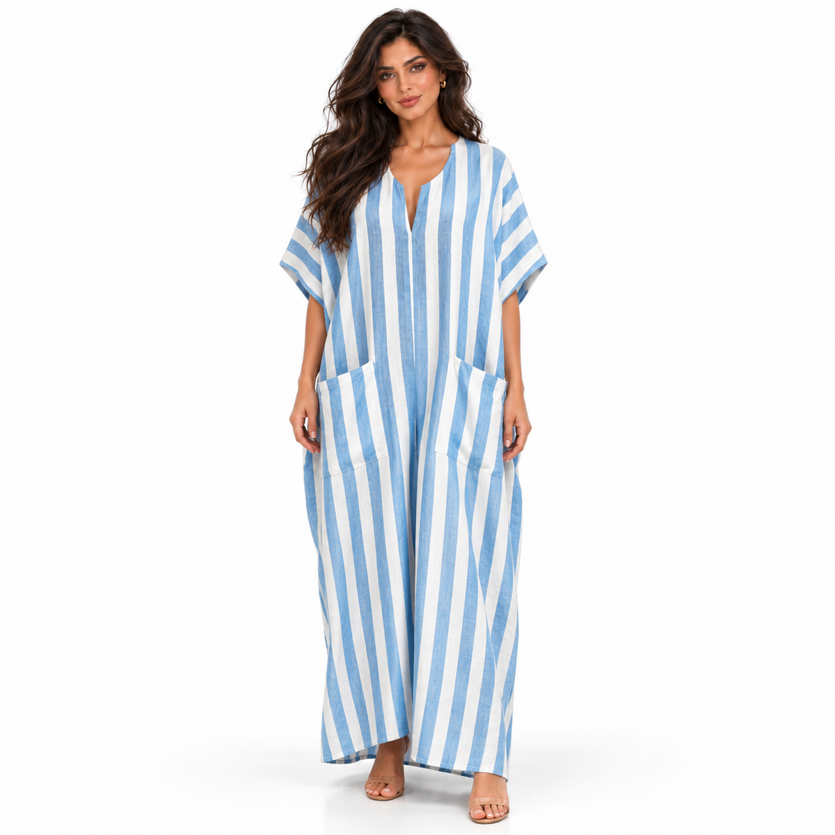 Blue White Striped Linen Kaftan Dress-1