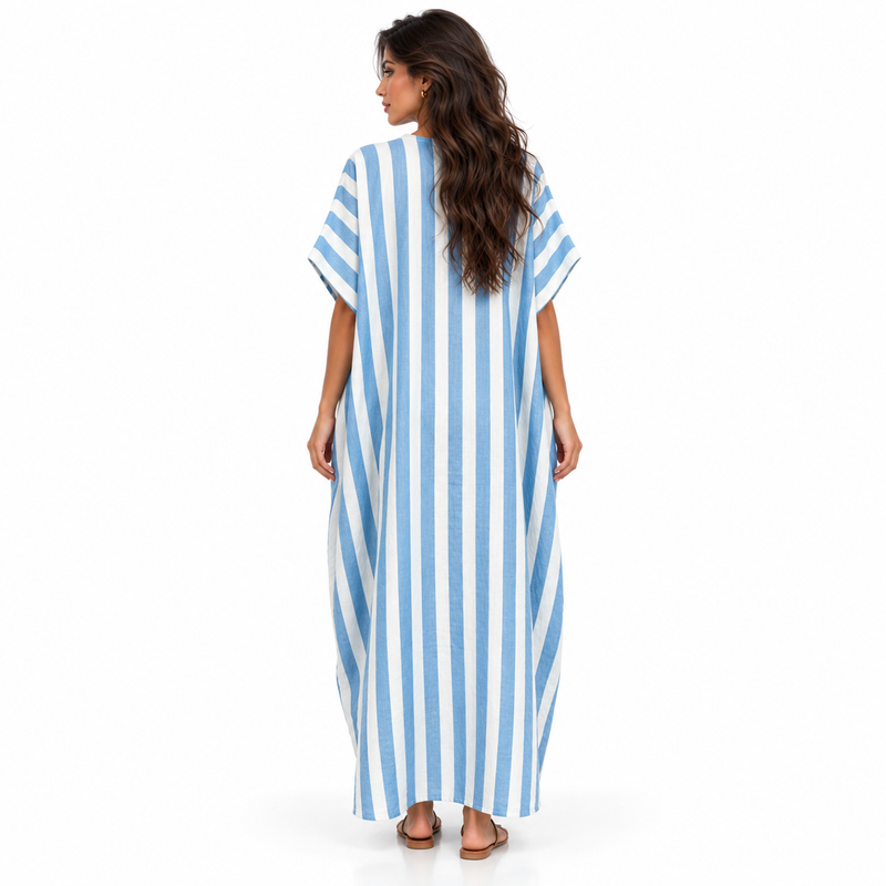 Blue White Striped Linen Kaftan Dress-4